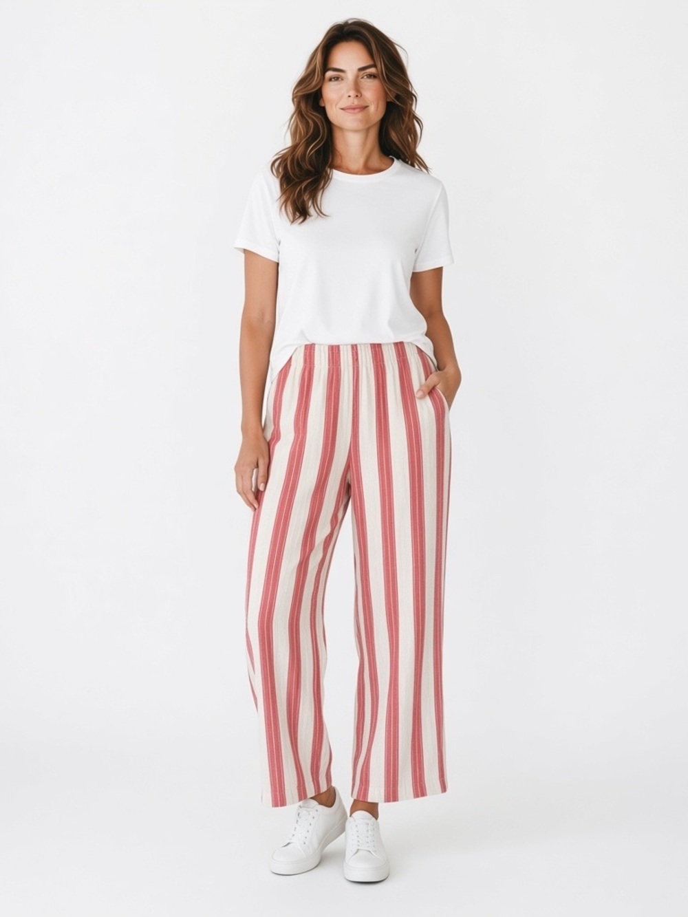 Old Navy High-Waisted Linen-Blend Wide-Leg Pants Red & Cream Medium